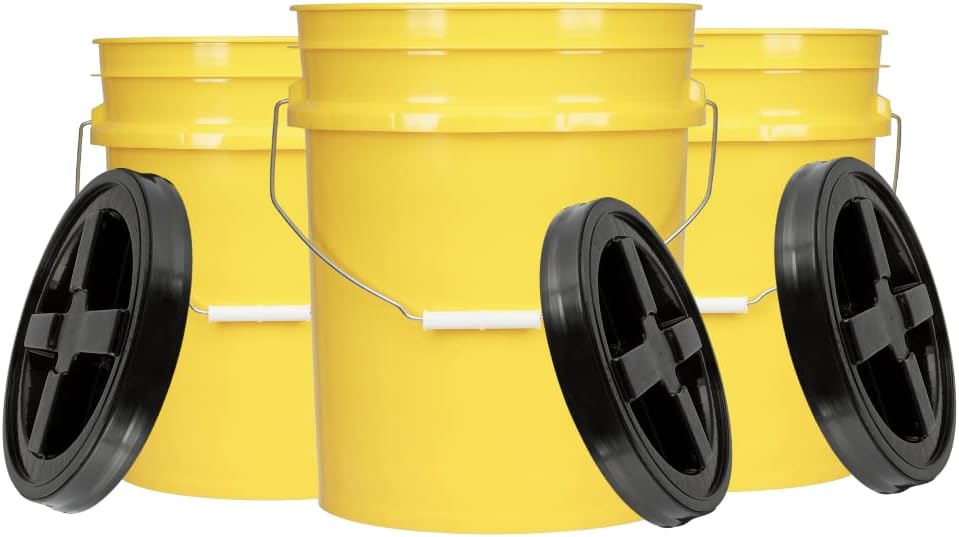 House Naturals 5 Gallon Plastic Yellow Food Grade BPA Free Made in USA Bucket Pail with Air Tight Double Gasket Screw on Lid(Pack of 3) (Yellow)