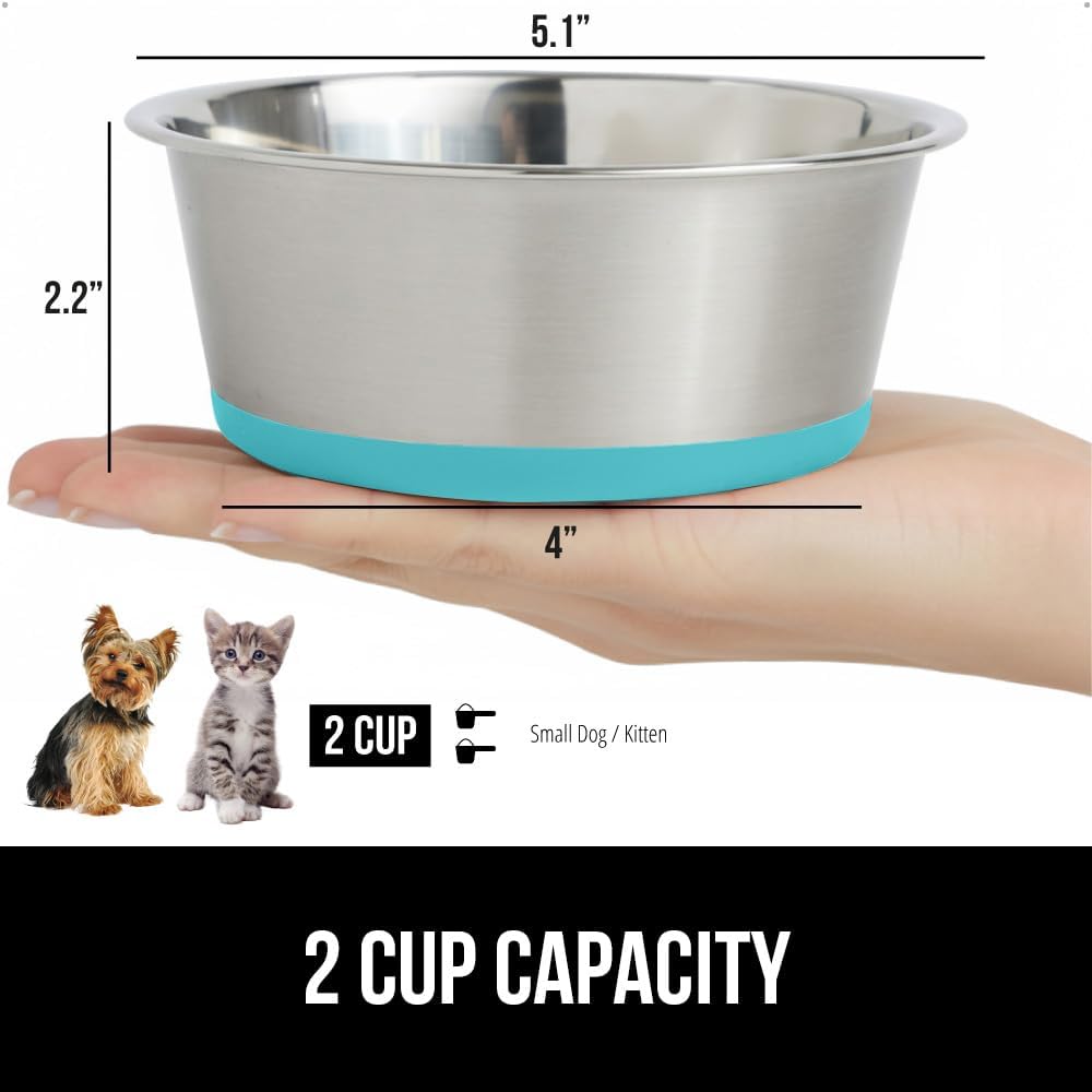 GORILLA GRIP Set of 2 Dog Bowls, Heavy Duty Metal Food and Water Bowl for Feeding Dogs and Cats, Dishwasher Safe Rust Resistant Stainless Steel, BPA Free Rubber Base, Holds 2 Cups (16 fl oz) Turquoise