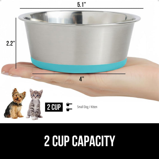 GORILLA GRIP Set of 2 Dog Bowls, Heavy Duty Metal Food and Water Bowl for Feeding Dogs and Cats, Dishwasher Safe Rust Resistant Stainless Steel, BPA Free Rubber Base, Holds 2 Cups (16 fl oz) Turquoise
