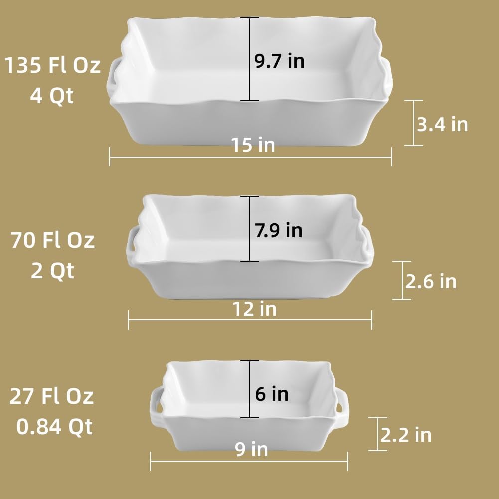 Sweejar Casserole Dishes for Oven, Ceramic Bakeware Set of 3, Rectangular Baking dish with Handles, Wave Edge Lasagna Pan Deep for Cooking, Cake, Dinner, Banquet and Daily Use (White)