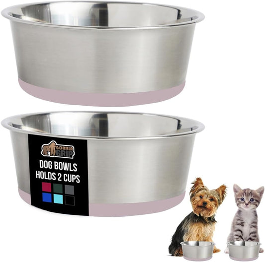 GORILLA GRIP Set of 2 Dog Bowls, Heavy Duty Metal Food and Water Bowl for Feeding Dogs and Cats, Dishwasher Safe, Rust Resistant Stainless Steel, BPA Free Rubber Base, Holds 2 Cups (16 fl oz), Lt Pink