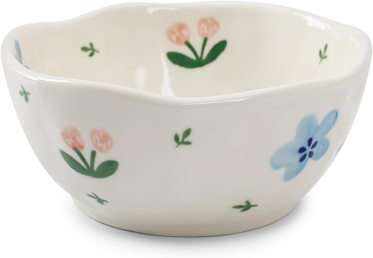 Koythin Ceramic Cereal Bowl, Cute Flowers Pattern Kitchen Bowls for Cereal, Salad, Pasta, Soup, Dessert, Serving, Home Decor, Microwave and Dishwasher Safe (Blue Flowers)