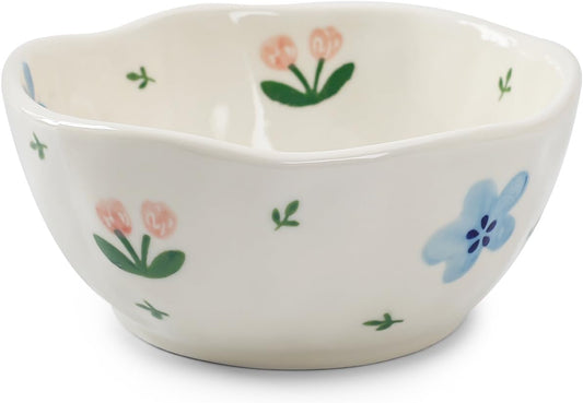 Koythin Ceramic Cereal Bowl, Cute Flowers Pattern Kitchen Bowls for Cereal, Salad, Pasta, Soup, Dessert, Serving, Home Decor, Microwave and Dishwasher Safe (Blue Flowers)