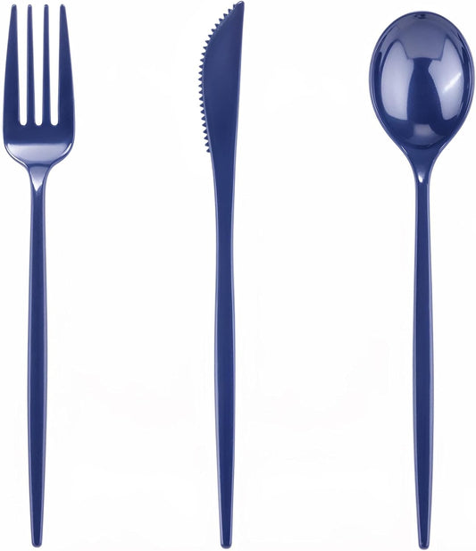 PULOTE 150PCS Blue Plastic Silverware Set - Plastic Cutlery Disposable - Heavy Duty Blue Plastic Utensils Include 50 Forks, 50 Knives,50 Spoons for Party&Wedding