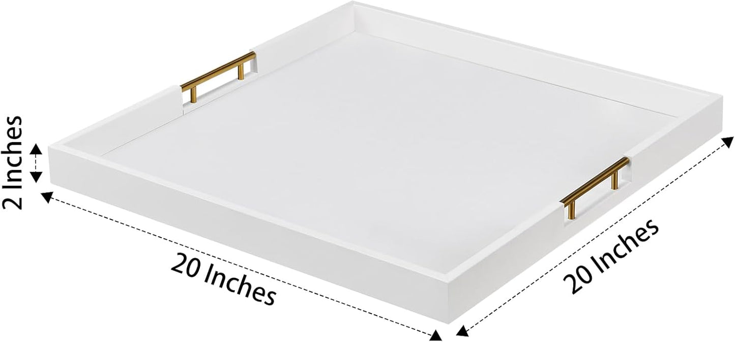 20x20 Inches Large White Faux Leather Wrapped Wood Ottoman Tray with Handles for All Occasions, Serving Food Breakfast on Bed, Home Decor Decorative, Living Room,Square Coffee Table Organizer