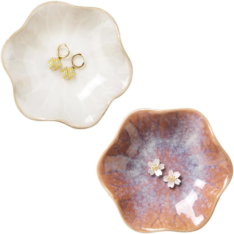 2PCS Lotus Leaf Shape Ring Holder Dish, Small Key Bowl, Ceramic Trinket Tray Jewelry Dish Organizing Necklace Earrings for Mom Friend Sister, All Jewelries Are NOT Included. White+Purple.