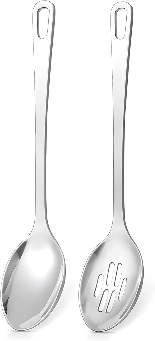 2 Pcs Spoons Cooking Utensils Set, Stainless Steel Kitchen Utensils, Heat Resistant Metal Kitchen Tools Include Solid & Slotted Serving Spoon, Ergonomic Handle, Dishwasher Safe, Easy to Clean, Silver