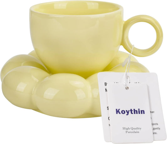 Koythin Ceramic Coffee Mug with Saucer Set, Creative Cute Cup with Sunflower Coaster for Office and Home, Dishwasher and Microwave Safe, 6.5 oz/200 ml for Tea Latte Milk (Lemon Yellow)