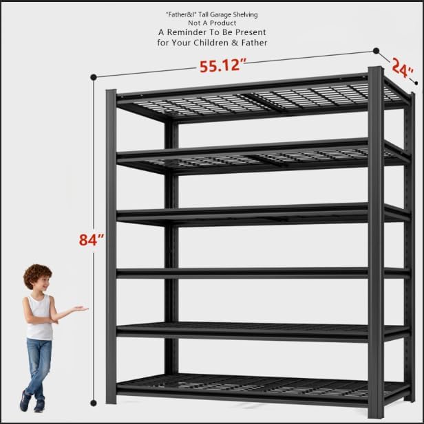 55.12" W Father&I 6-Shelf Industrial Adjustable Heavy-Dudy Tall Metal Garage Storage Shelves Shelving Units/Steel Wire Rack System (Commercial) for Basement/Shop, 84" H*55.12" W*24" D*, Black