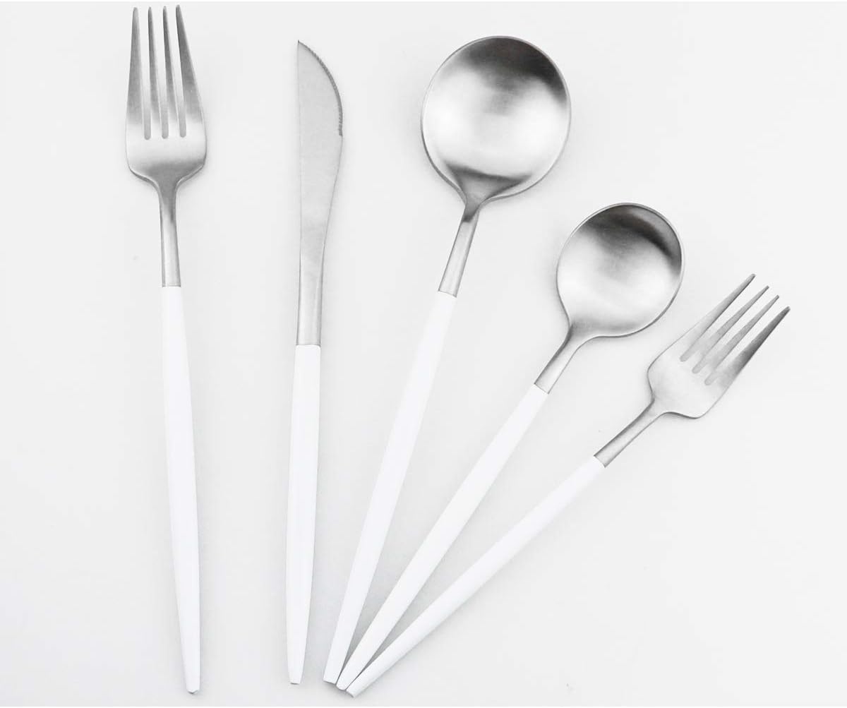 Gugrida White Silver Flatware, Royal 5-Piece Matte White Handle 18/10 Stainless Steel Tableware Sets for 1 Including Forks Spoons Knives, Camping Silverware Travel Utensils Set Cutlery (White Silver)