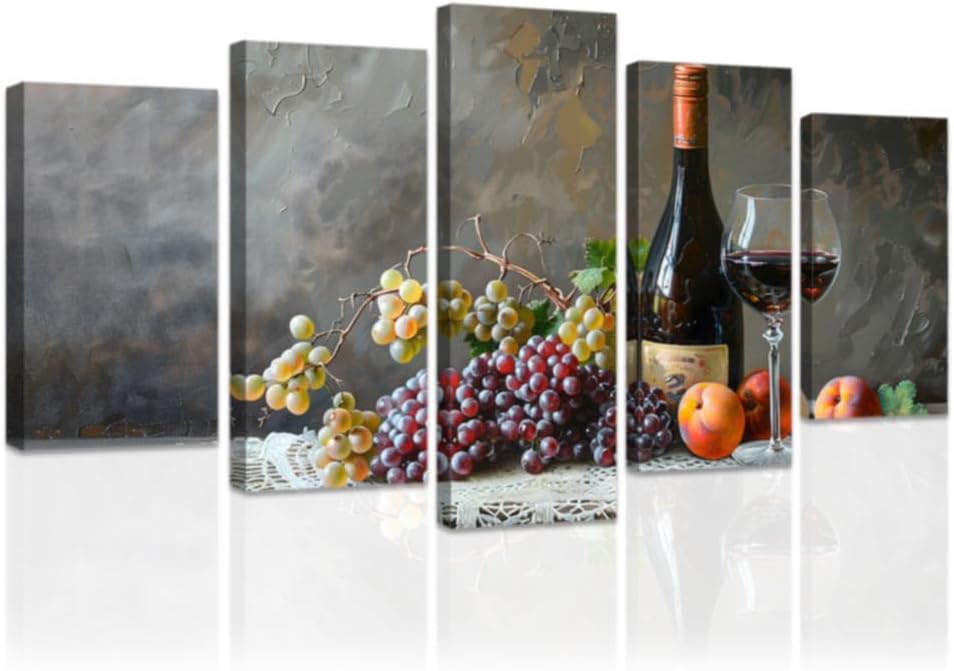 DOARTDO 5 Pieces Kitchen Wall Art Wine and Fruit Grape Pictures Food Canvas Prints Red Wine Cups Painting Large Kitchen Dining Room Bar Cellar Decor Framed (Purple, (10x16inx2 10x20inx2 10x24inx1))