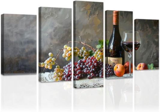 DOARTDO 5 Pieces Kitchen Wall Art Wine and Fruit Grape Pictures Food Canvas Prints Red Wine Cups Painting Large Kitchen Dining Room Bar Cellar Decor Framed (Purple, (10x16inx2 10x20inx2 10x24inx1))