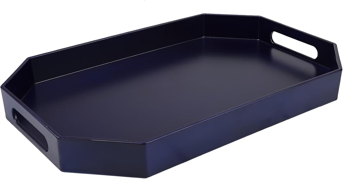 Navy Blue Octagonal Serving Tray with Handles for Coffee Table, Plastic Decorative Tray for Ottoman, Kitchen Counter, Living Room, Outdoor Lacquer Tray for Entertaining