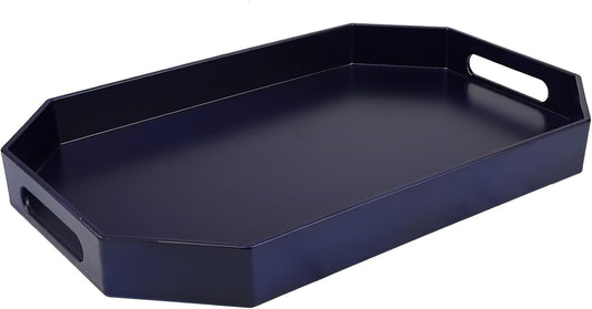 Navy Blue Octagonal Serving Tray with Handles for Coffee Table, Plastic Decorative Tray for Ottoman, Kitchen Counter, Living Room, Outdoor Lacquer Tray for Entertaining