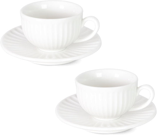 2 oz White Espresso Cups Set of 2, Ceramic Cappuccino Cups with Saucers, Durable Porcelain Tea Set & Modern Coffee Cup Collection, Coffee Lover Gifts
