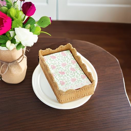 Two's Company Scalloped Edge Basket Weave Pattern Holder - Decorative Napkin Holder for Kitchen & Bathroom, Resin Guest Towel & Utensil Holder, Rustic Farmhouse Decor & Organizer