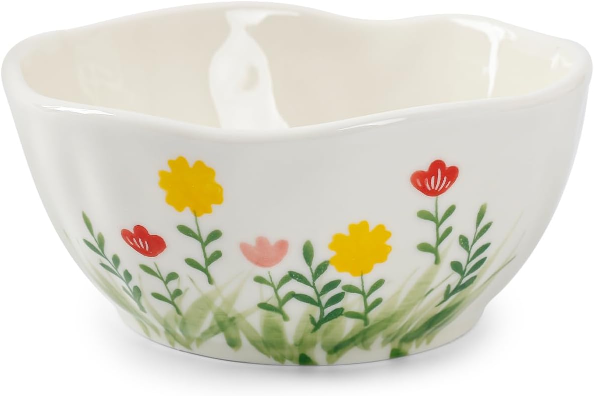Koythin Ceramic Cereal Bowl, Cute Flowers Pattern Kitchen Bowls for Cereal, Salad, Pasta, Soup, Dessert, Serving, Home Decor, Microwave and Dishwasher Safe (Hand Drawn Flower Fields)