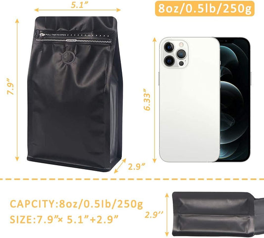 REMTAP Coffee Bags with Valve(50pcs,8 oz,1/2 lb) Black High Barrier Aluminumed Foil Flat Bottom Standing Coffee Beans Storage Bags,Reusable Heat Sealable Side Zipper Pouches for Home or Store