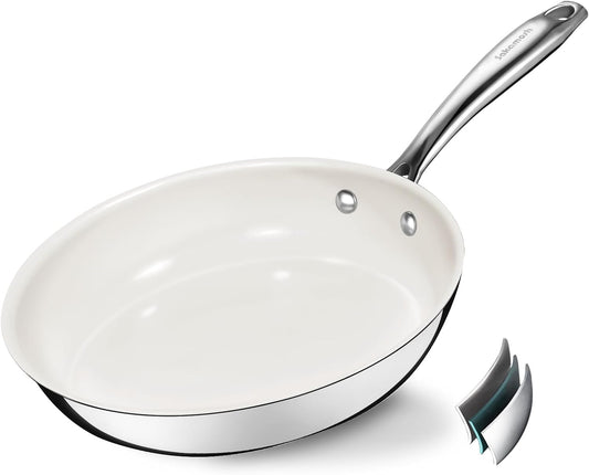 9.5 Inch Nonstick Ceramic Frying Pan, Tri-Ply Stainless Steel Skillet with Stay-Cool Handle, PFAS/PFOA/PTFE Free, No Seasoning Required, High Heat & Induction Safe, Dishwasher/Oven Safe