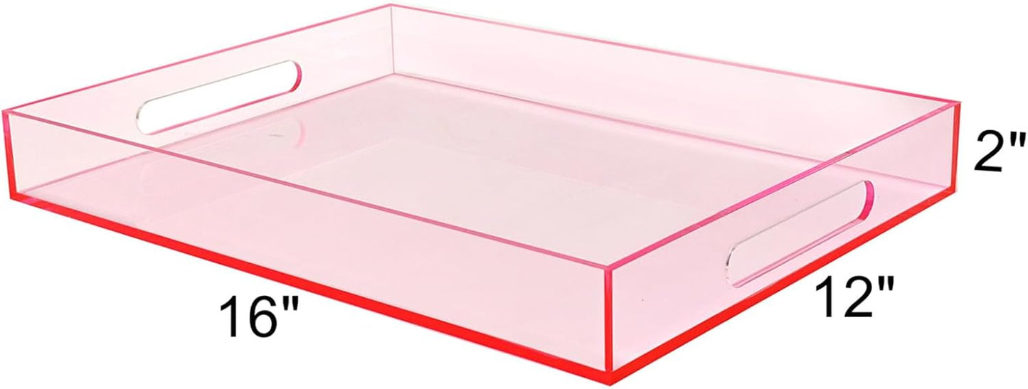 SetGame Pink Acrylic Serving Tray with Handles, Pink Decorative Storage Arylic Trays, Simple Large Serving Tray Food Tea Fruit Dinner Snack Tray for Bar Kitchen Party, Bathroom Tray, 16X12 Inch
