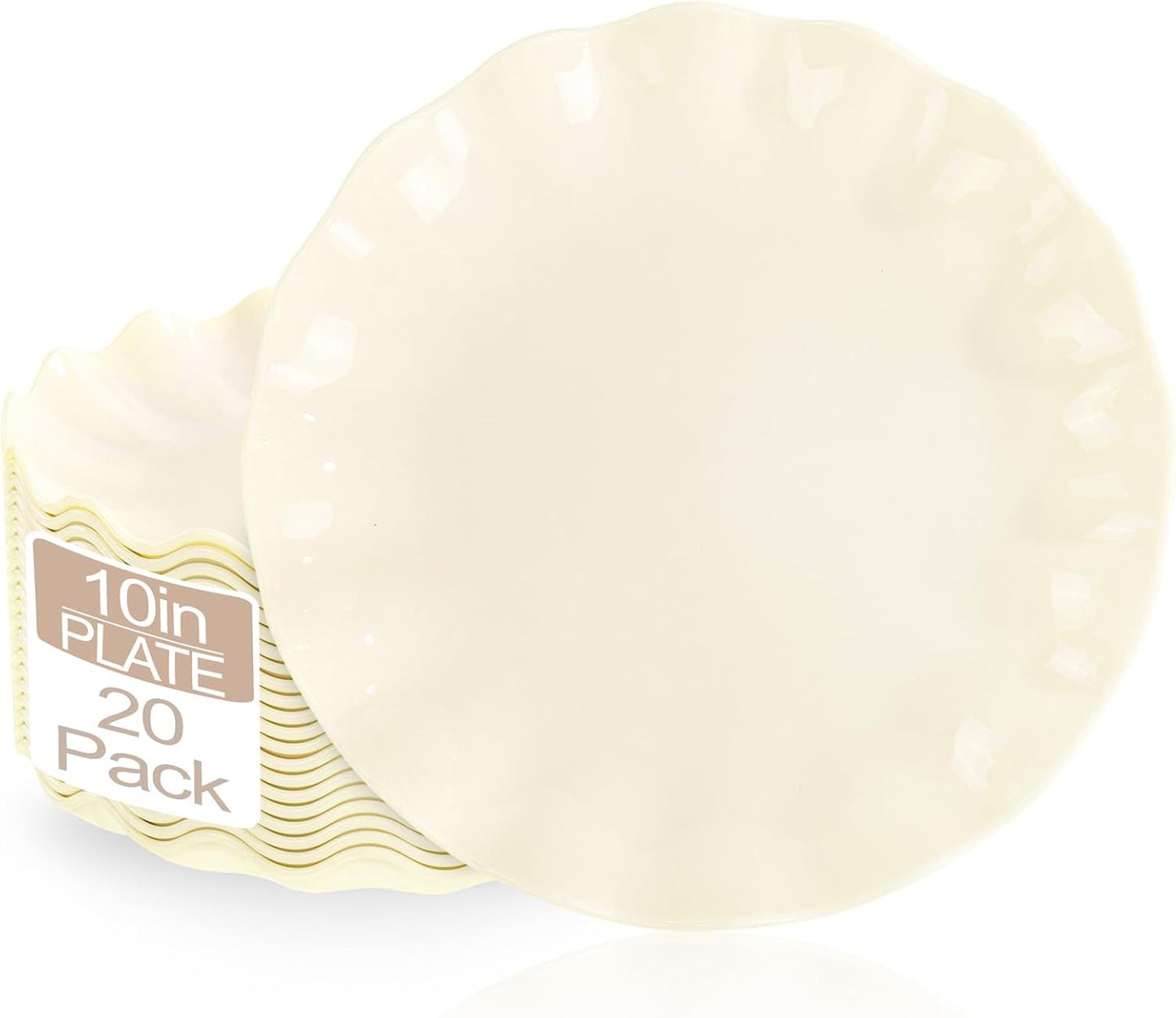 LIYH 20 Pcs 10 Inch Beige Plastic Plates Reusable - Unbreakable Plastic Scalloped Wavy Dinner Plates for Baby Shower Camping Party Outdoor Picnics Dishwasher Safe BPA Free