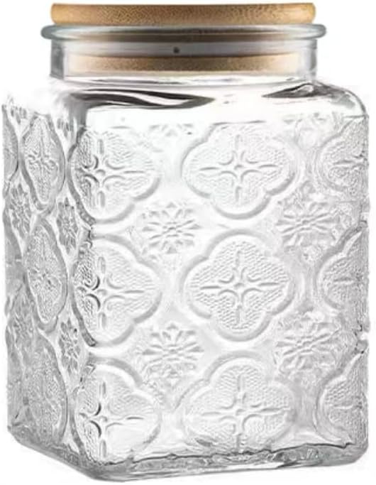 25.3 FL OZ Square Glass Jar, Glass Storage Canister with Airtight Lid, Glass Food Storage Containers for Candy, Coffee, Tea, Canning, Cute Jar (Square Begonia)