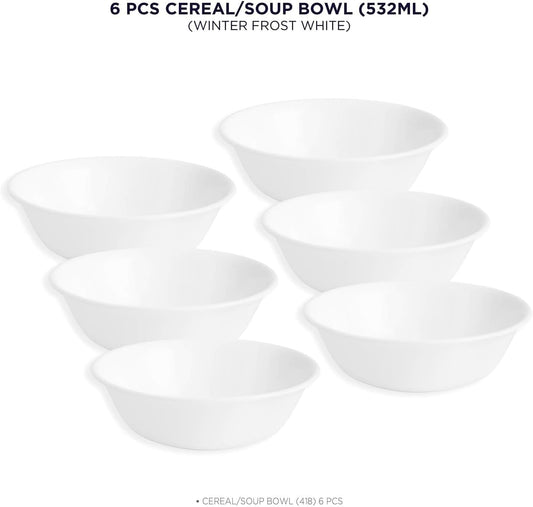 Corelle Vitrelle 6-Piece Soup/Cereal Bowl Set Triple Layer Glass and Chip Resistant, 18-Oz Lightweight Round Bowls, Winter Frost White