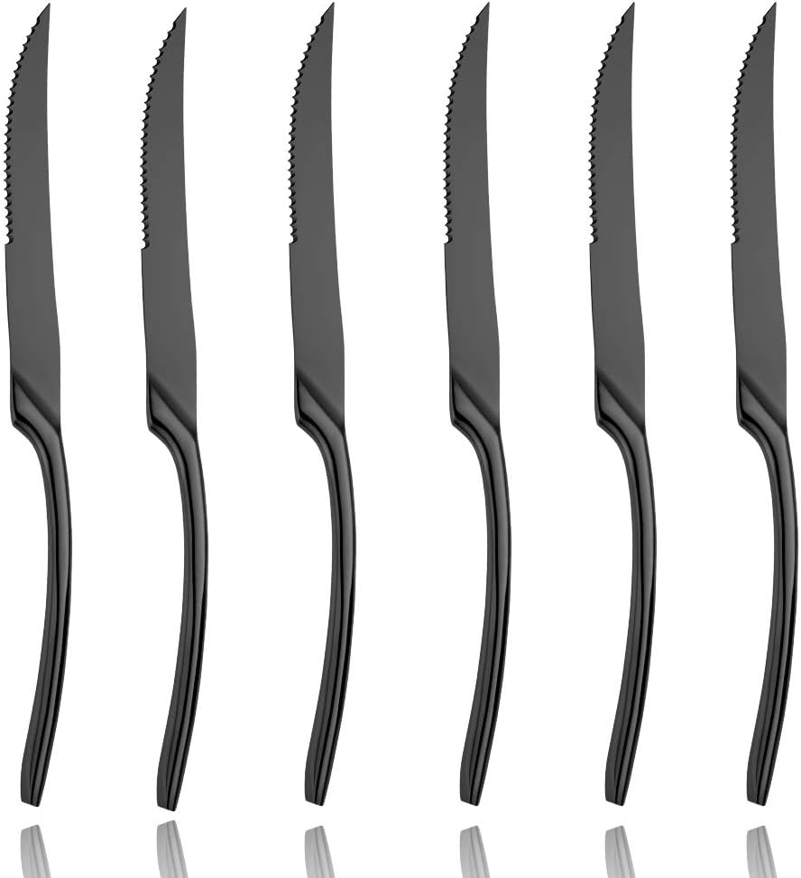 Lemeya Stainless Steel Black Steak Knives Set of 6,Forge Steak Knife,Serrated Steak Knives Set,6 Piece Heavy Steak Knives-10 inch,Mirror Polished,Dishwasher Safe