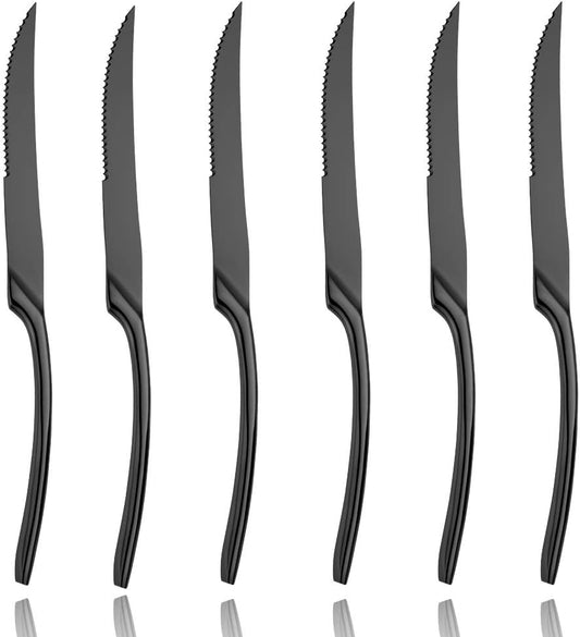 Lemeya Stainless Steel Black Steak Knives Set of 6,Forge Steak Knife,Serrated Steak Knives Set,6 Piece Heavy Steak Knives-10 inch,Mirror Polished,Dishwasher Safe