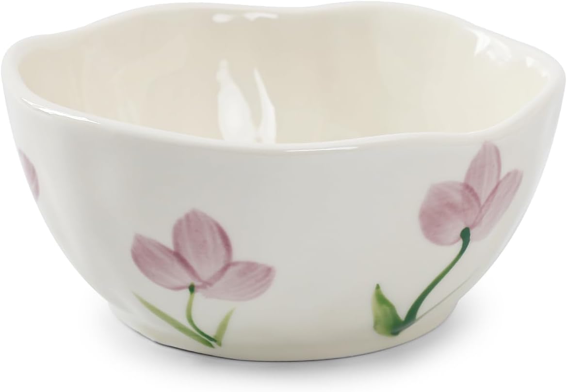 Koythin Ceramic Cereal Bowl, Cute Flowers Pattern Kitchen Bowls for Cereal, Salad, Pasta, Soup, Dessert, Serving, Home Decor, Microwave and Dishwasher Safe (Purple Tulip)