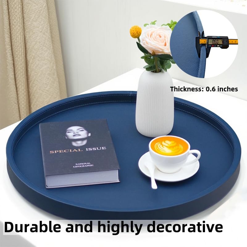 20-inch Round Ottoman Serving Tray - Textured PU Leather Coffee Table Decor, Waterproof Heat-Resistant Large Organizer for Home, Office, Bed & Party Essentials (Navy Blue, 20in)
