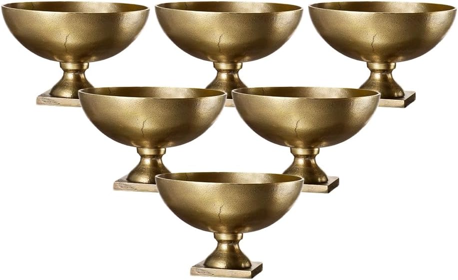 Serene Spaces Living Antique Brass Pedestal Bowl, Vintage Wedding Centerpiece, Fruit, Flower Vase for Dining Table, Entry Way, Console Table, Holiday Decor, 10" Diameter & 6.75" Tall, Set of 6