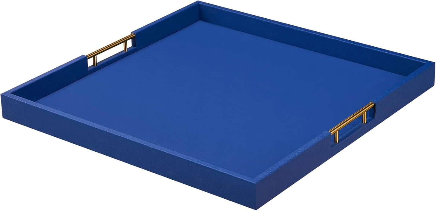 24x24 Inches Extra Large Blue Faux Leather Wrapped Wood Ottoman Tray with Golden Handles for Serving Food and Breakfast On Bed, Square Coffee Table Organizer, Home Decor and Decorative
