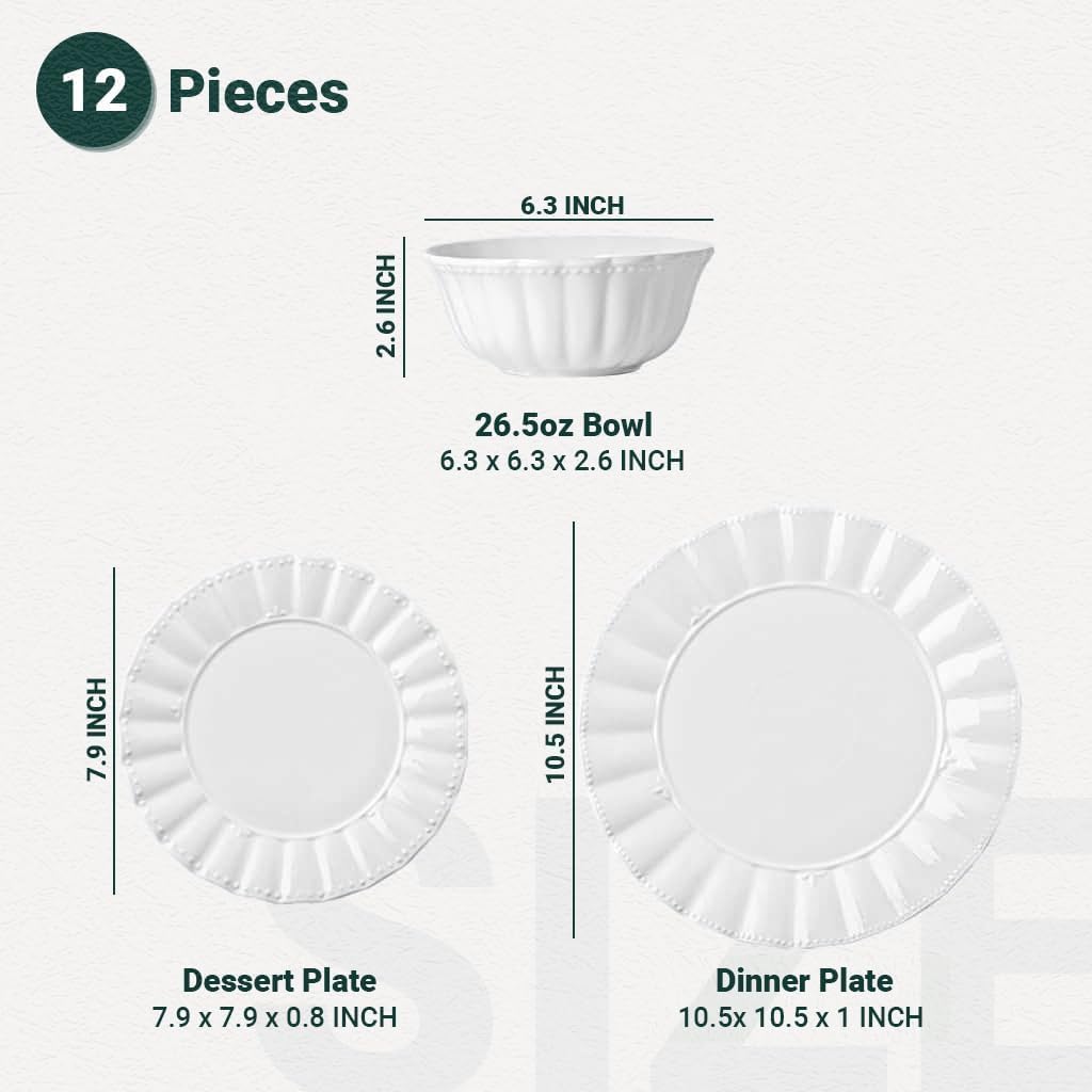 Plates and Bowls Sets, 12 Piece Dinnerware Sets Bone China, Porcelain Dinner Set with Cereal Bowls, Ceramic Soup Bowls, for Pasta, Salad, Gift Idea, Wavy Pattern