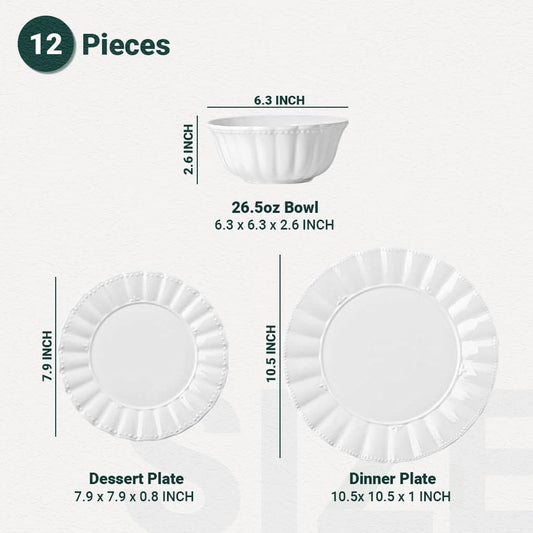 Plates and Bowls Sets, 12 Piece Dinnerware Sets Bone China, Porcelain Dinner Set with Cereal Bowls, Ceramic Soup Bowls, for Pasta, Salad, Gift Idea, Wavy Pattern