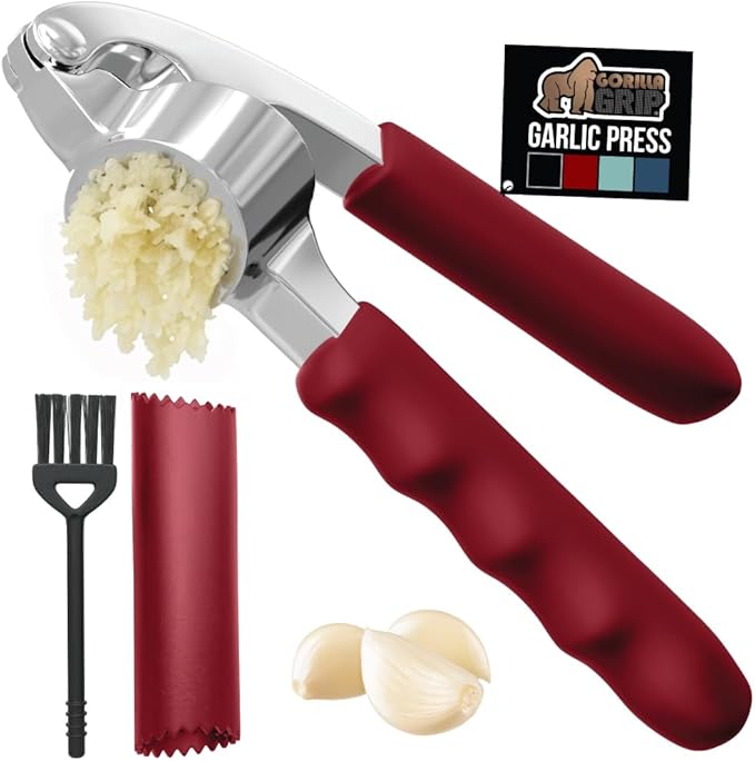 GORILLA GRIP Garlic Press and Peel Set, Heavy Duty Mincer Tool, Easily Mince and Crush Garlics, Ginger, Nuts, Seeds, Large Ergonomic Handle, Peeler Included, Peeling Cloves, Kitchen Gadgets, Red
