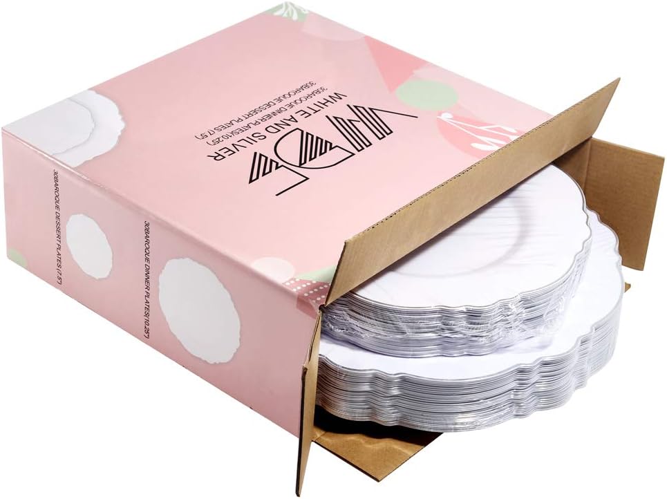 WDF 60pcs Silver Plastic Plates-Baroque White &Silver Plates for Upscale Parties &Wedding-including 30Plastic Dinner Plate 10.25inch, 30 Salad Plate 7.5inch for Christmas