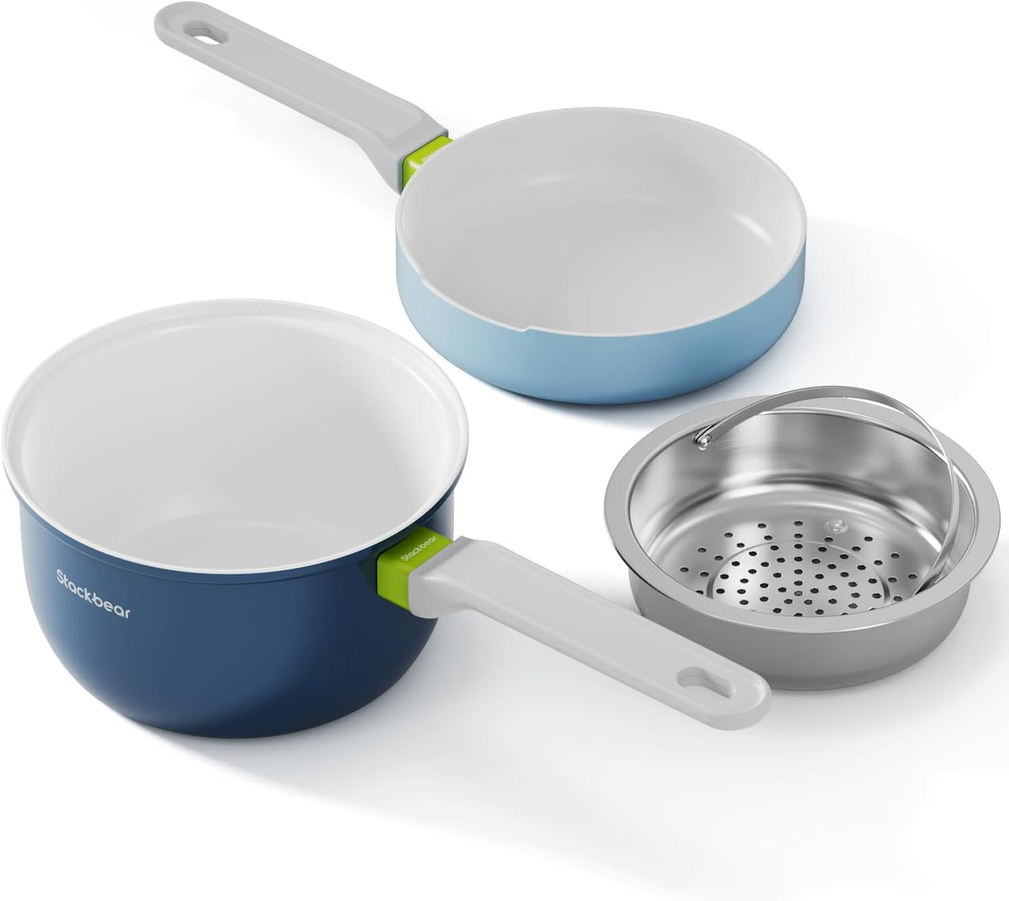 Ceramic Non Stick Cookware Set, 2.5QT Saucepan, 7" Egg Omelette Pan & 18/10 Stainless Steel Steamer, Induction Ready Frying & Sauce Pan Set, PTFE, PFOA & PFAS Free, Mix Blue