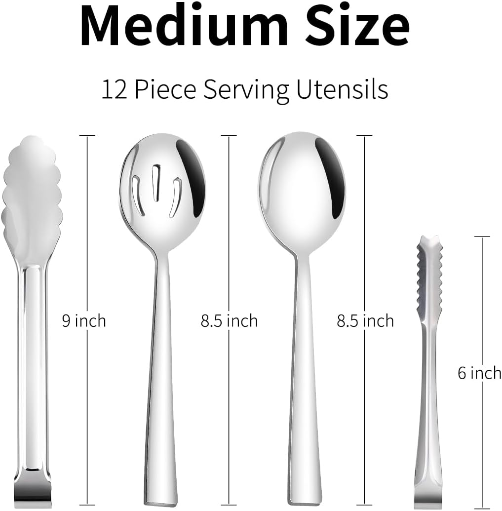 12 Piece Serving Utensils Set, Amafox Stainless Steel Kitchen Utensils Include Spoons, Slotted Spoons, Appetizer Tongs, Ice Tongs, Mirror Polished Utensils Set for Party, Dishwasher Safe (Silver)