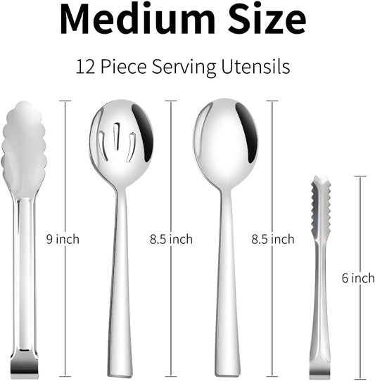 12 Piece Serving Utensils Set, Amafox Stainless Steel Kitchen Utensils Include Spoons, Slotted Spoons, Appetizer Tongs, Ice Tongs, Mirror Polished Utensils Set for Party, Dishwasher Safe (Silver)