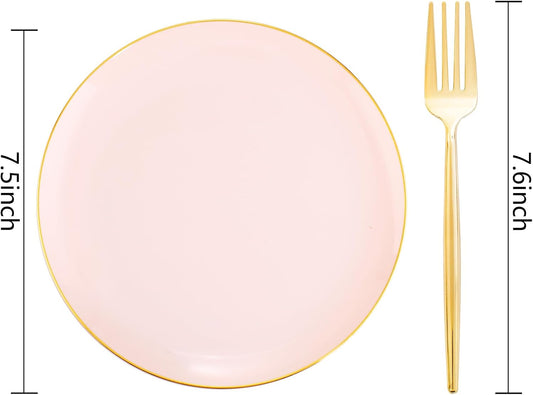 Rubtlamp 200Pcs Plastic Pink Dessert Plates with Disposable Gold Forks,Heavy Duty Pink Disposable Salad Platos,Gold Small Platos,Fancy Appetizer Plates for Mother's Day