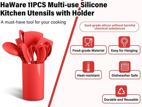 HaWare 11 PCS Silicone Cooking Utensils Set, Heat Resistant Kitchen Utensils with Holder, Food-grade Spatula Sets for Nonstick Cookware, Kitchen Tools Gadgets Include Fish Turner, Spoon (Red)
