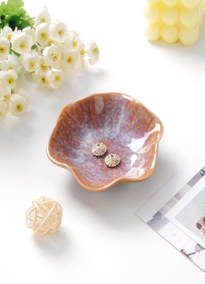 2PCS Lotus Leaf Shape Ring Holder Dish, Small Key Bowl, Ceramic Trinket Tray Jewelry Dish Organizing Necklace Earrings for Mom Friend Sister, All Jewelries Are NOT Included. White+Purple.