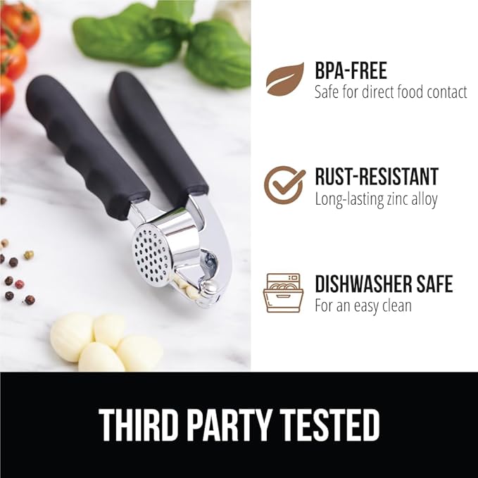 GORILLA GRIP Garlic Press and Peel Set, Heavy Duty Mincer Tool, Easily Mince and Crush Garlics, Ginger, Nuts, Seeds, Large Ergonomic Handle, Peeler Included for Peeling Cloves, Kitchen Gadgets, Black