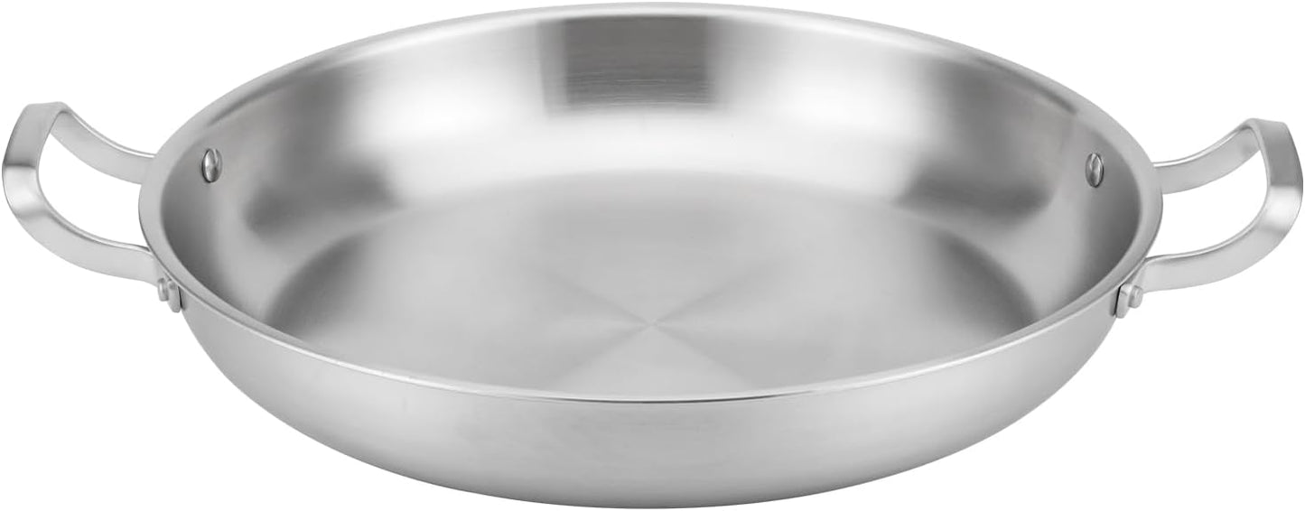 DELARLO 13 Inch Tri-Ply Stainless Steel Paella Pan With Lid, Big Frying Pan, kitchen Induction Large Skillets,Great for Paella Parties Indoors Outdoors,Heavy Duty Style