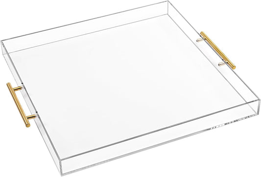 Extra Large Clear Acrylic Serving Tray (18×18 Inches) with Gold Handles Spill Proof Acrylic Over Size Big Decorative Tray Organiser for Ottoman Coffee Table Countertop