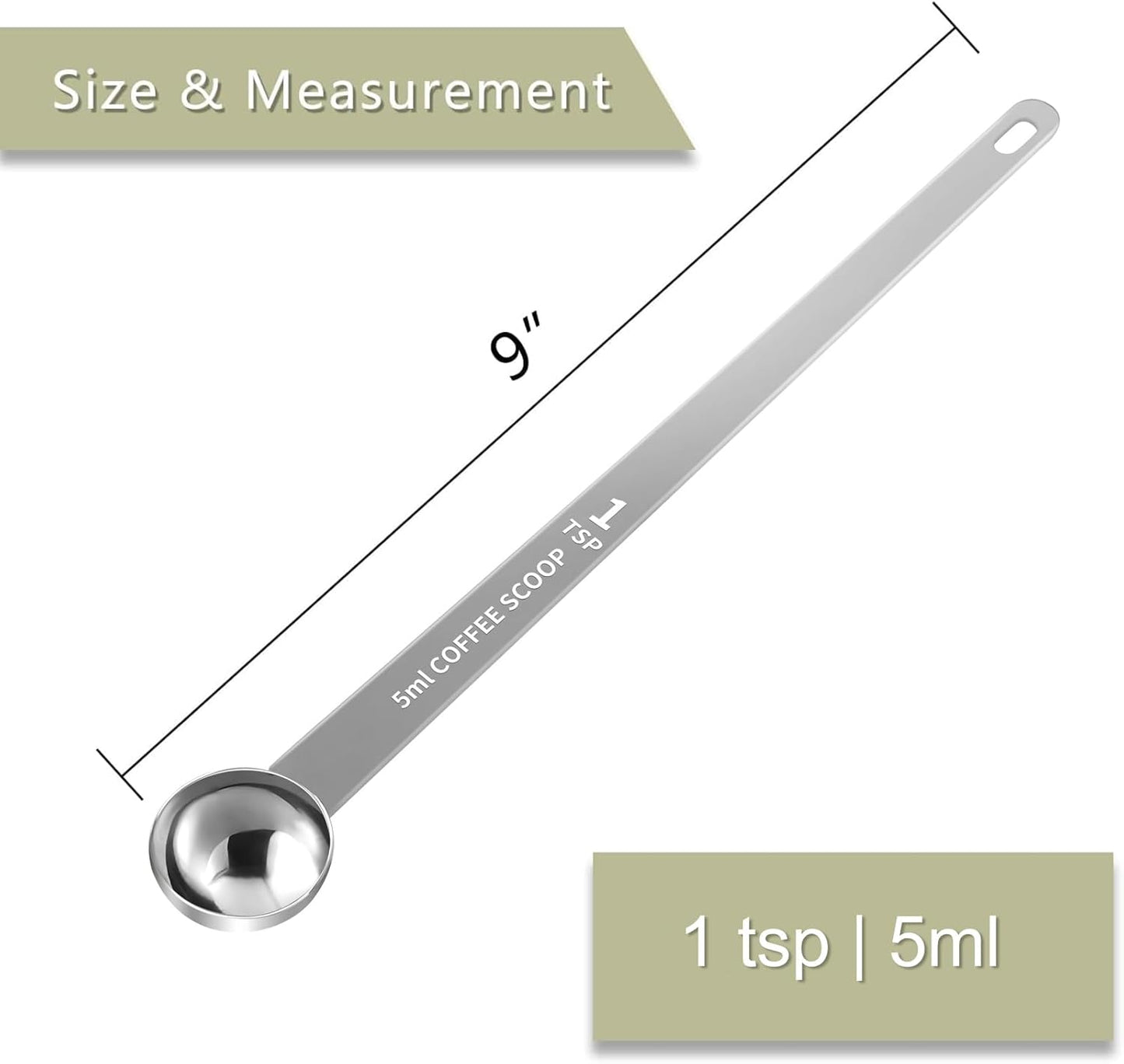 2PCS 1 Teaspoon Coffee Scoop, 9" Long Handle Measuring Spoon, 1tsp (5 ml) Stainless Steel Scooper