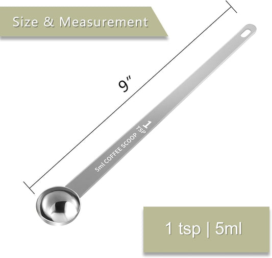 2PCS 1 Teaspoon Coffee Scoop, 9" Long Handle Measuring Spoon, 1tsp (5 ml) Stainless Steel Scooper