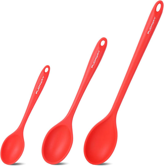 3 Pcs Silicone Spoons Set of 7.9 10.6 14.2 inch for Cooking, Heat Resistant Kitchen Spoons for Mixing, Stirring, and Serving, Small to Large Non Stick (Red)