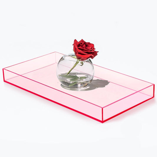 SetGame Pink Acrylic Serving Tray with Handles, Pink Decorative Storage Arylic Trays, Small Simple Vanity Tray Food Tea Fruit Dinner Snack Tray for Bar Kitchen Party, Bathroom Tray, 10X5 Inch
